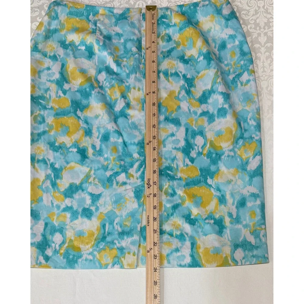 Talbots Pencil‎ Skirt Womens 10 Teal Yellow Watercolor Floral Cotton Stretch